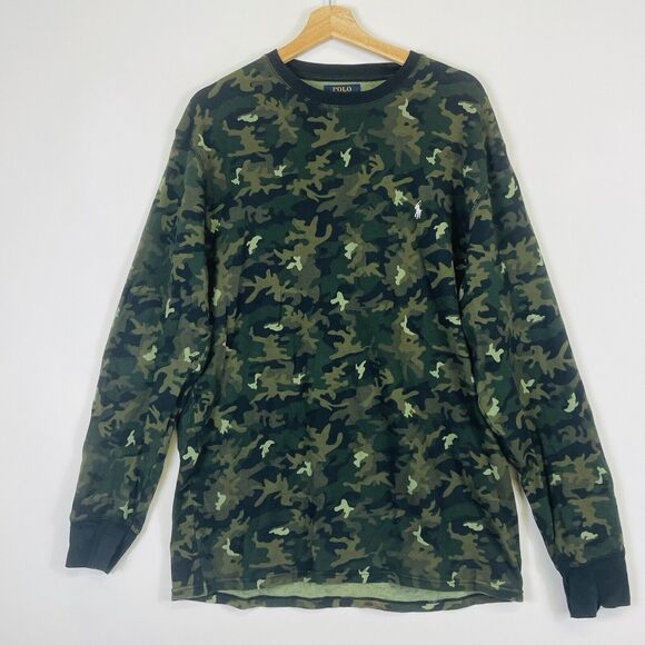 Ralph Lauren Polo Green Camo Camouflage Waffle Weave Knit Thermal Shirt Men's XL - Picture 1 of 7